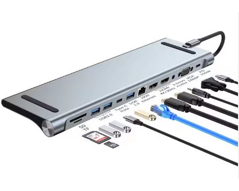 E-GREEN Adapter USB 3.1 tip C (M) - 2 x HDMI + VGA + 3 x USB 3.0 + 2 x tip C + RJ45 (F) + SD/TF + PD 100W (12 u 1)