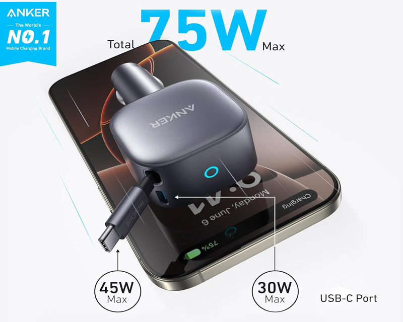 ANKER Nano 75W, sa ugrađenim USB-C kablom na izvlačenje i USB-C portom, auto punjač - Слика 7