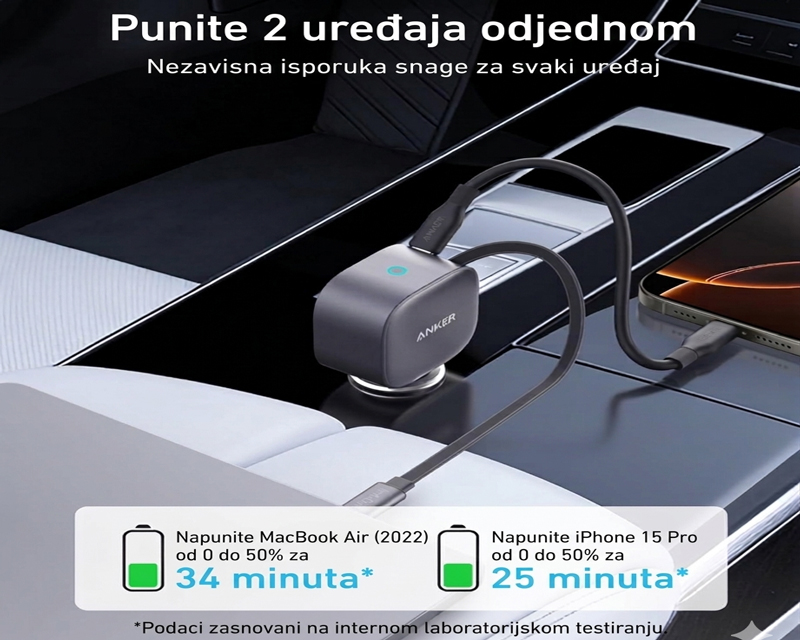 ANKER Nano 75W, sa ugrađenim USB-C kablom na izvlačenje i USB-C portom, auto punjač - Слика 2