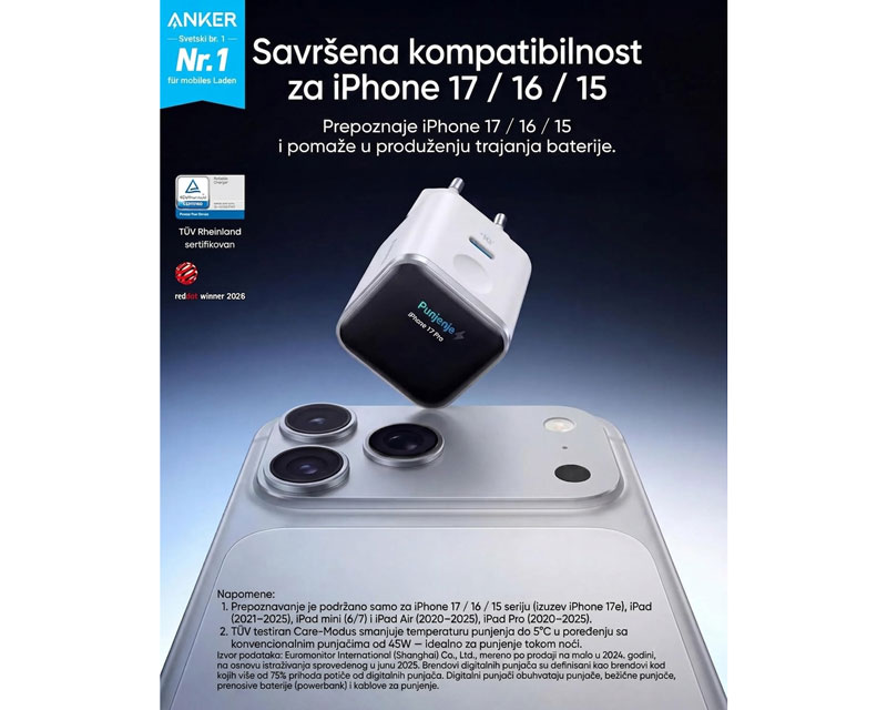 ANKER Nano 45W putni zidni punjač sa ekranom, USB-C port, beli - Слика 7