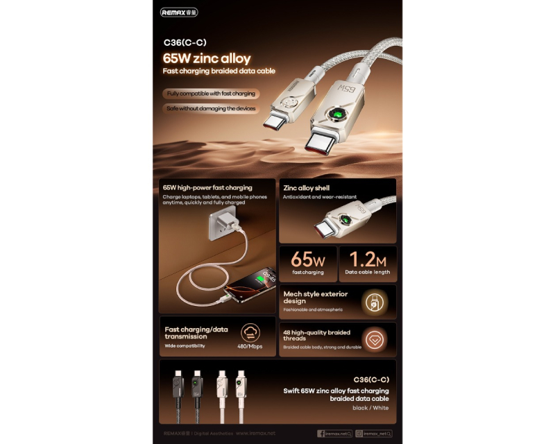 REMAX Kabl Swift Fast charging braided data cable 1.2M C36 65W(C-C) crni - Слика 3