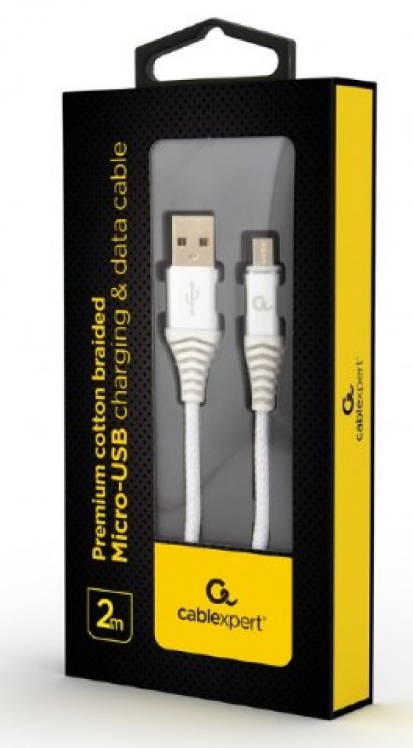 CC-USB2B-AMmBM-2M-BW2 Gembird Premium cotton braided Micro-USB charging -data cable,2m, silver/white - Слика 2