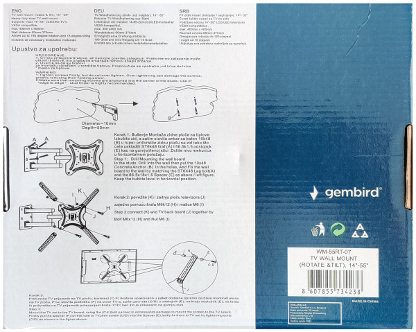 WM-55RT-07 ** Gembird rotate/tilt VESA max. 40x40cm 14-55 max.20kg (819) - Слика 3