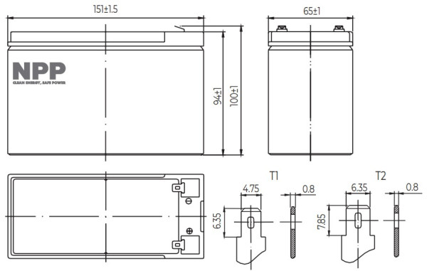 NPP NP12V-9Ah-T1, AGM BATTERY, C20=9AH, T1, 151x65x94x100, 2,5KG, BLACK - Слика 3