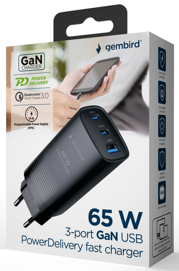 TA-UC-PDQC65-01-BK Gembird 3-port 65W GaN USB PowerDelivery fast charger, black - Слика 4
