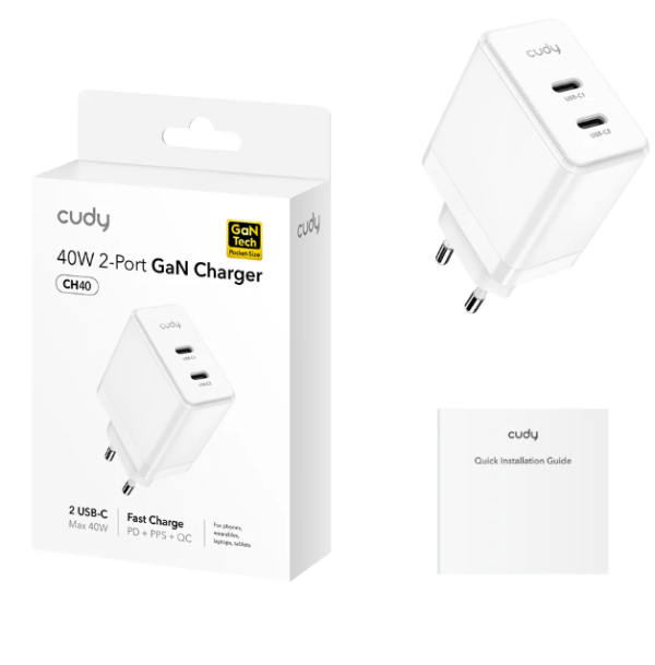 Cudy CH40_EU Brzi punjac za telefone,laptopove I tablete PD+PPS+QC, 2× USB-C , 40W - Слика 2