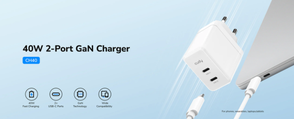 Cudy CH40_EU Brzi punjac za telefone,laptopove I tablete PD+PPS+QC, 2× USB-C , 40W - Слика 8